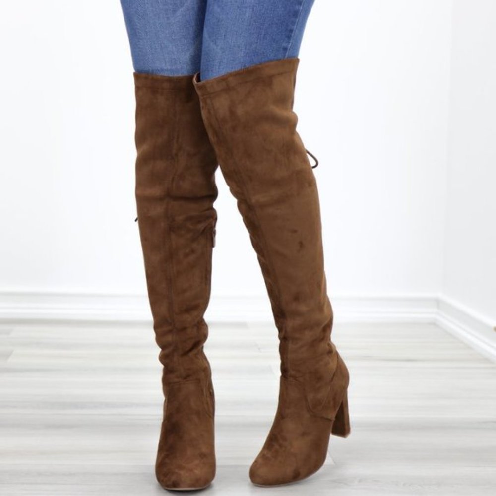 Suede Over The Knee Heeled Boots With Lace Up Back - Picture 3 of 13